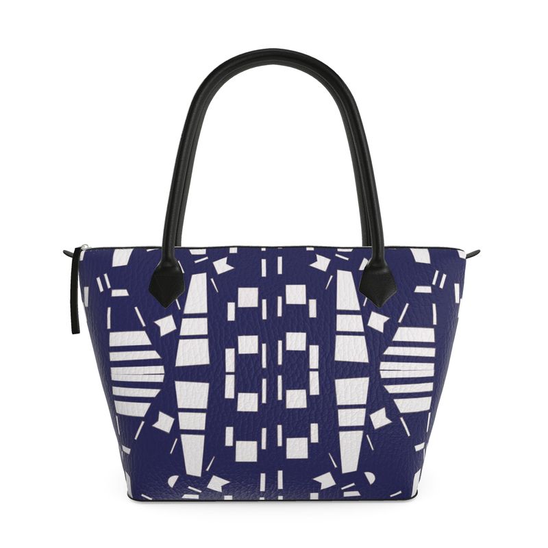 Approaching Christmas | Gifts | Women | Leather & Satin Zip Top Handbag | City Views Design Navy & White | Views in the City Collection