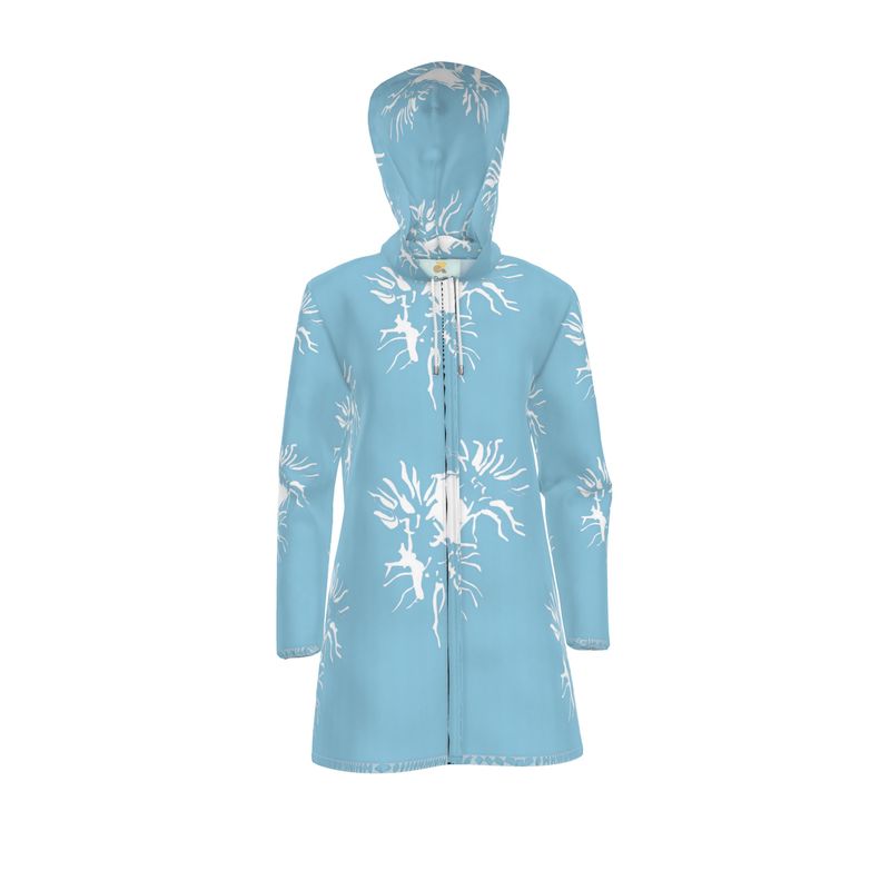 Women | Hooded Rain Mac | Abstract Whiskers Design Cornflower & White | Outline Collection