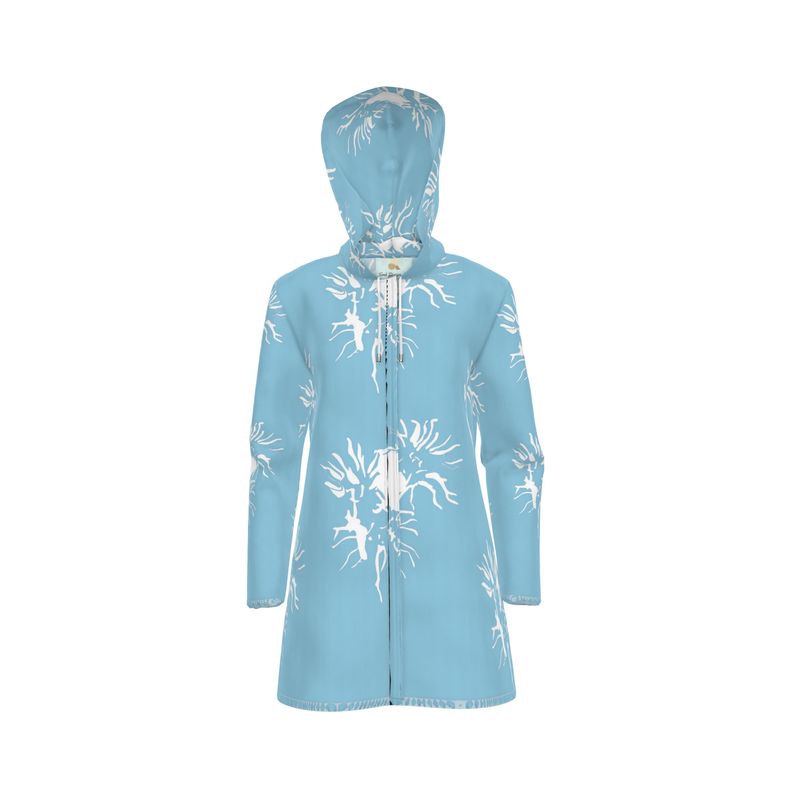 Women | Hooded Rain Mac | Abstract Whiskers Design Cornflower & White | Outline Collection