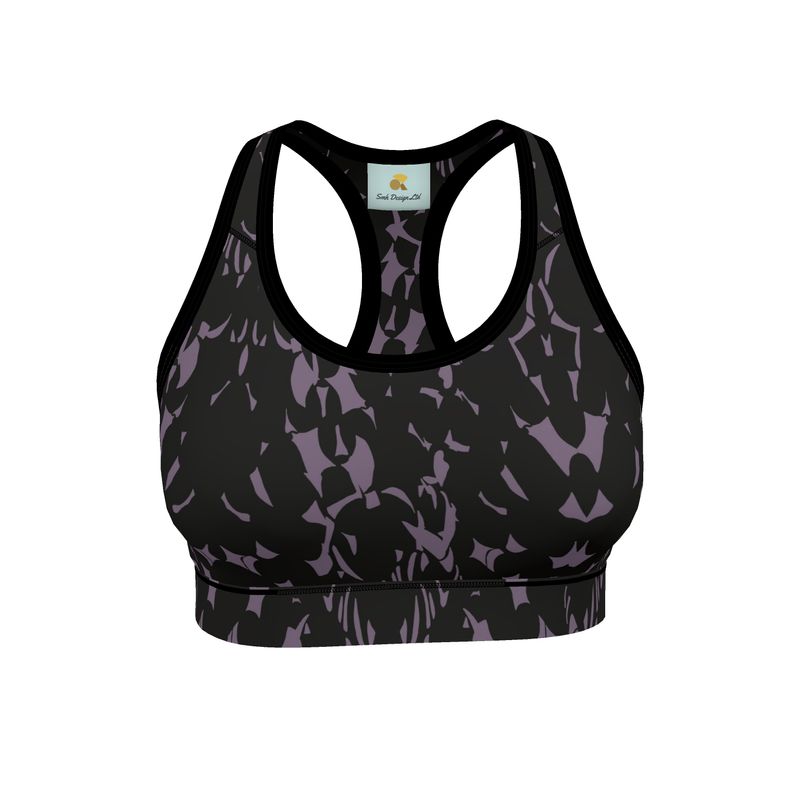Autumn Arrival | Women | Sports Bra | Tumbling Slivers Design Mamba & Black | Fragmentation Collection