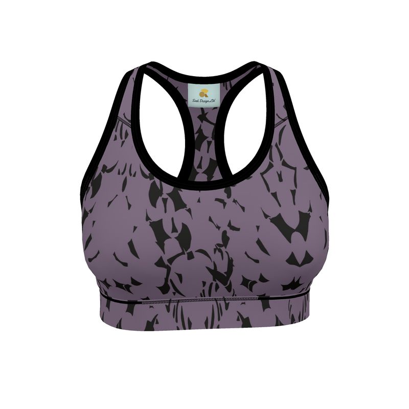 Autumn Arrival | Women | Sports Bra | Tumbling Slivers Design Black & Mamba | Fragmentation Collection