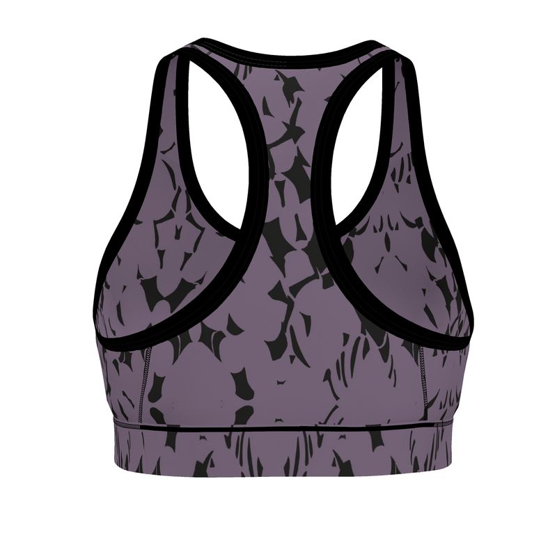 Autumn Arrival | Women | Sports Bra | Tumbling Slivers Design Black & Mamba | Fragmentation Collection