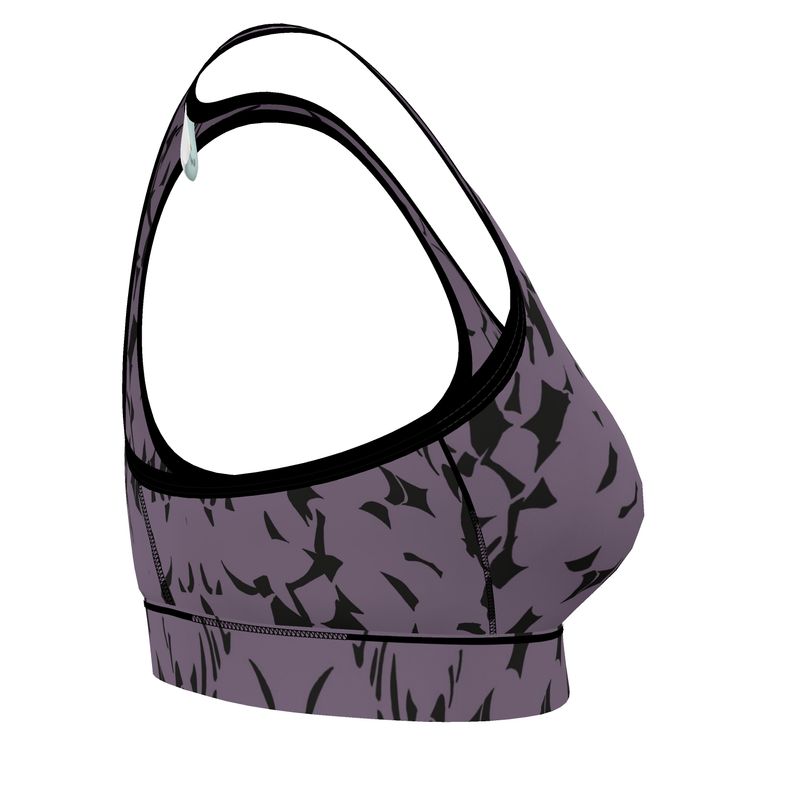 Autumn Arrival | Women | Sports Bra | Tumbling Slivers Design Black & Mamba | Fragmentation Collection