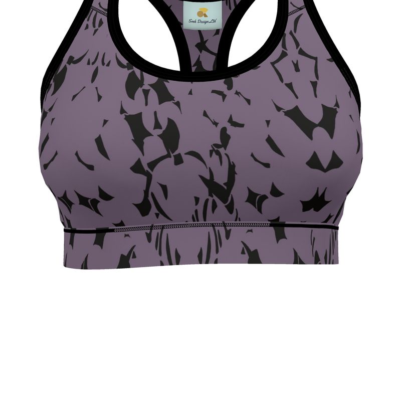 Autumn Arrival | Women | Sports Bra | Tumbling Slivers Design Black & Mamba | Fragmentation Collection