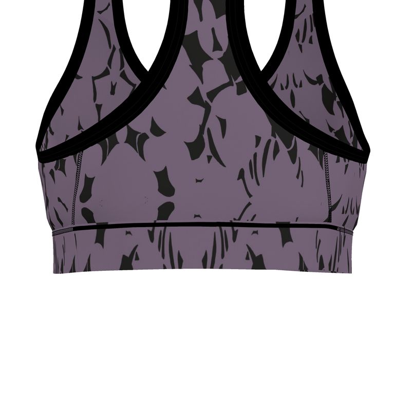 Autumn Arrival | Women | Sports Bra | Tumbling Slivers Design Black & Mamba | Fragmentation Collection