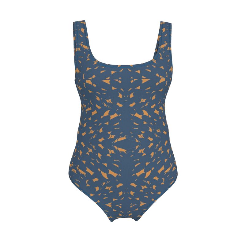 Clutter Collection - Activewear - Women - Swimsuit - Slithers Commotion Design - Chambray & Whiskey Sour