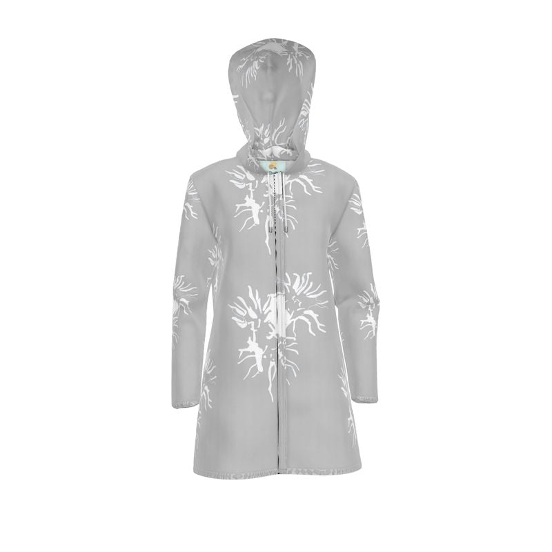 Women | Hooded Rain Mac | Abstract Whiskers Design Grey & White | Outline Collection