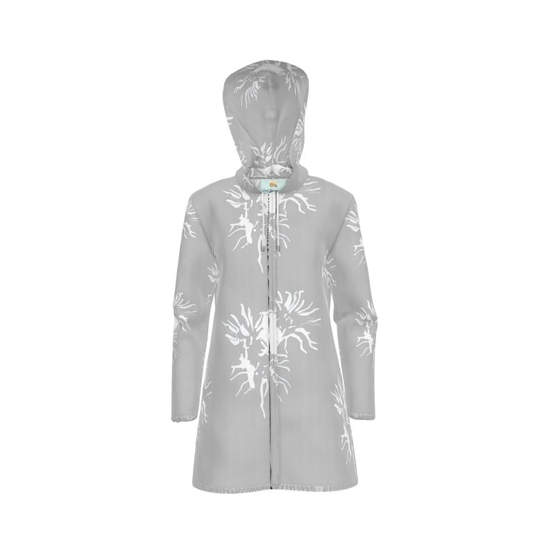 Women | Hooded Rain Mac | Abstract Whiskers Design Grey & White | Outline Collection