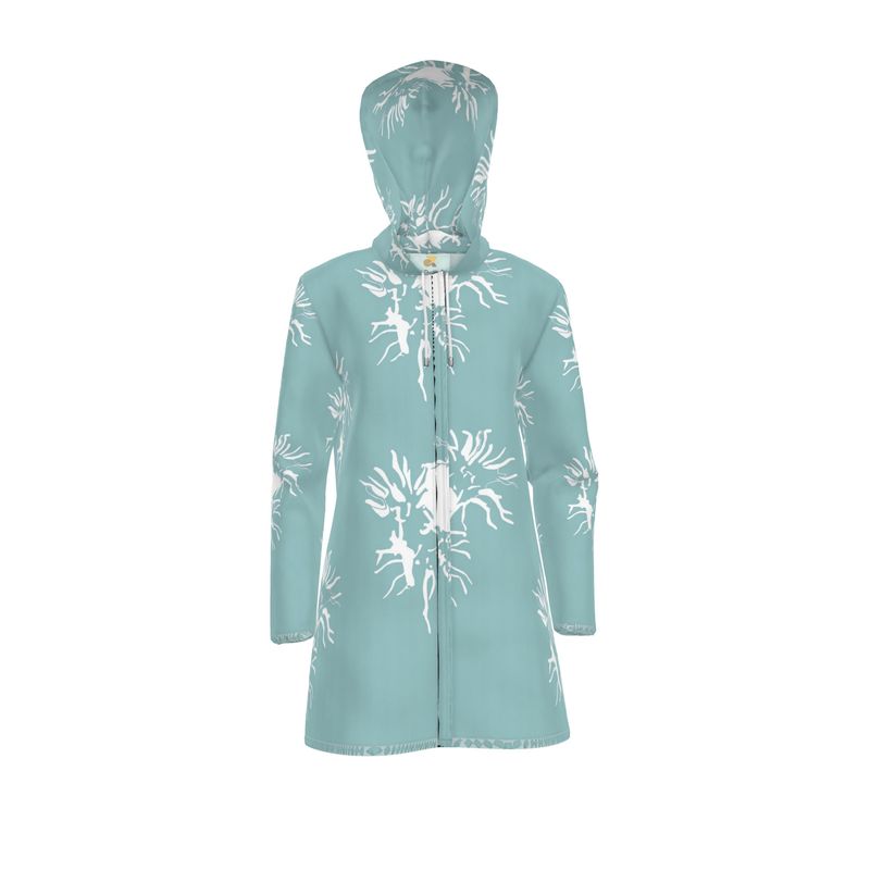 Women | Hooded Rain Mac | Abstract Whiskers Design Shadow Green & White | Outline Collection