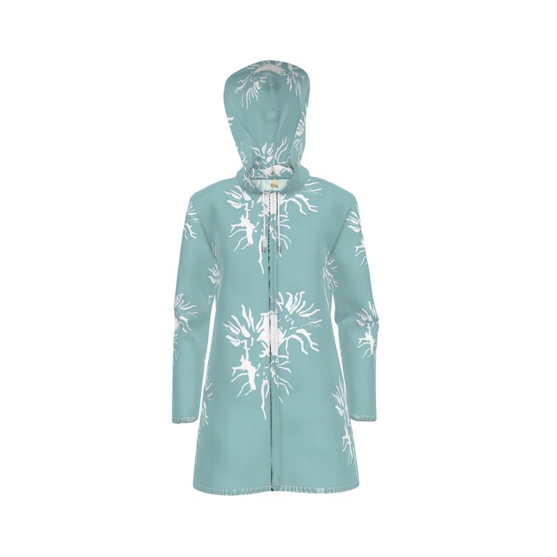 Women | Hooded Rain Mac | Abstract Whiskers Design Shadow Green & White | Outline Collection
