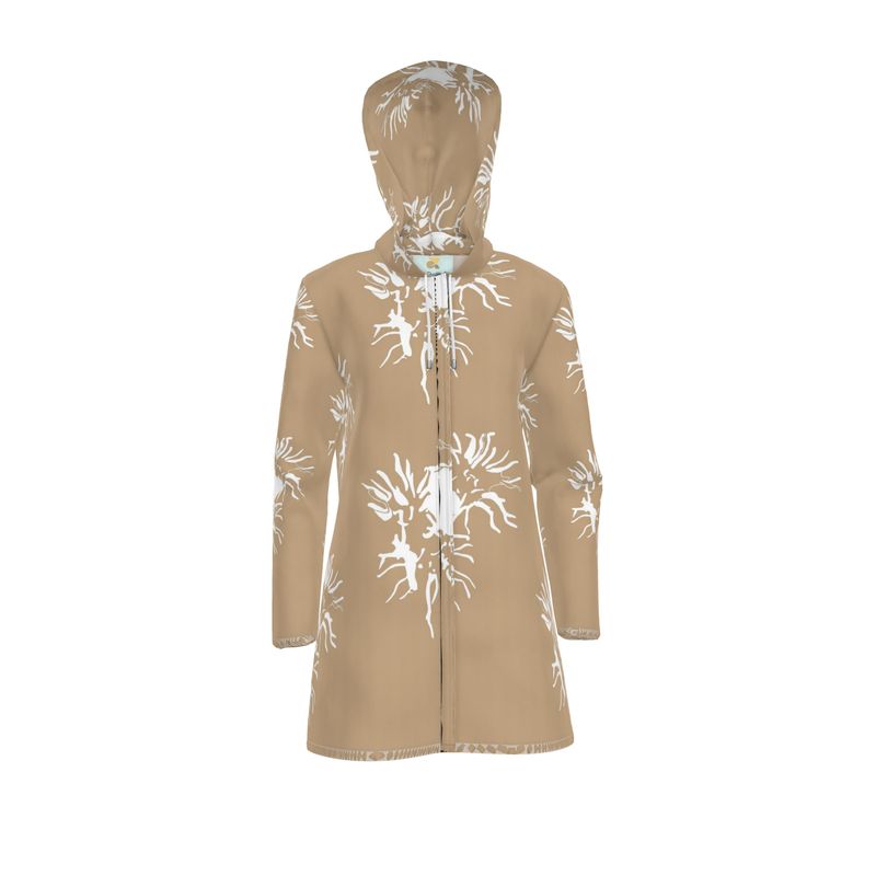 Women | Hooded Rain Mac | Abstract Whiskers Design Rodeo Dust & White | Outline Collection