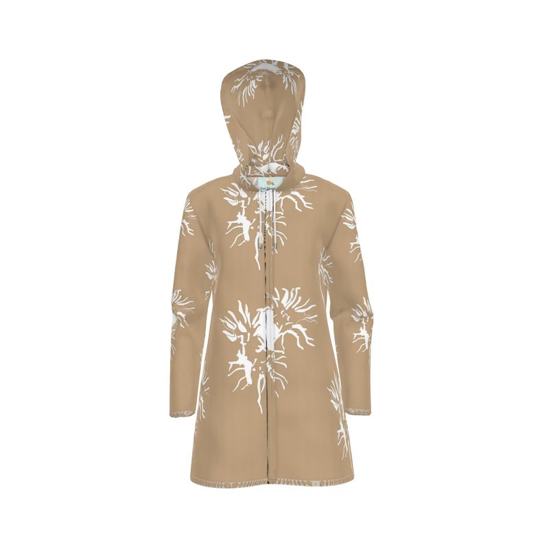 Women | Hooded Rain Mac | Abstract Whiskers Design Rodeo Dust & White | Outline Collection