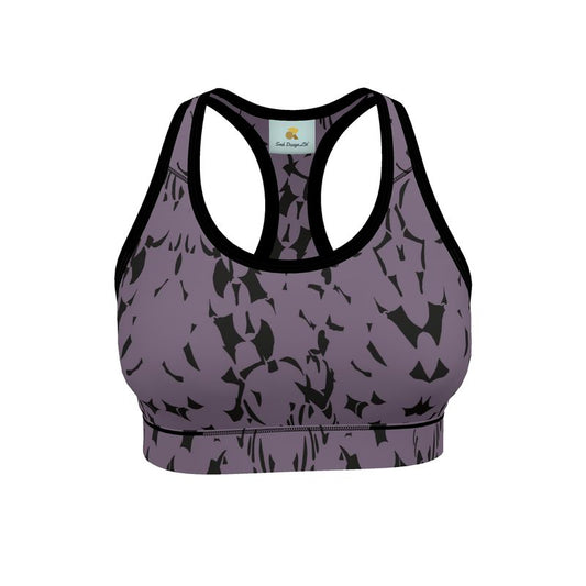 Autumn Arrival | Women | Sports Bra | Tumbling Slivers Design Black & Mamba | Fragmentation Collection