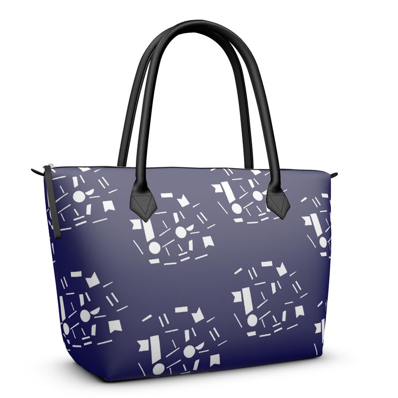 Bags | Women | Leather & Satin Zip Top Handbag | Random Vistas Design in Navy/White | Views in the City Collection