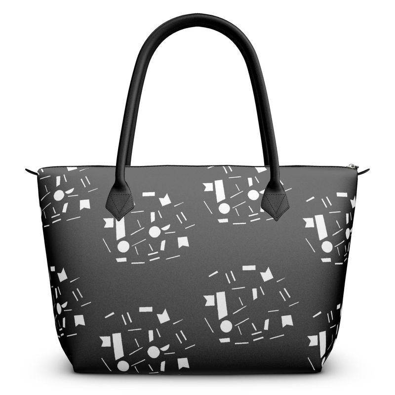 Bags | Women | Leather & Satin Zip Top Handbag | Random Vistas Design | Black/White | Views in the City Design